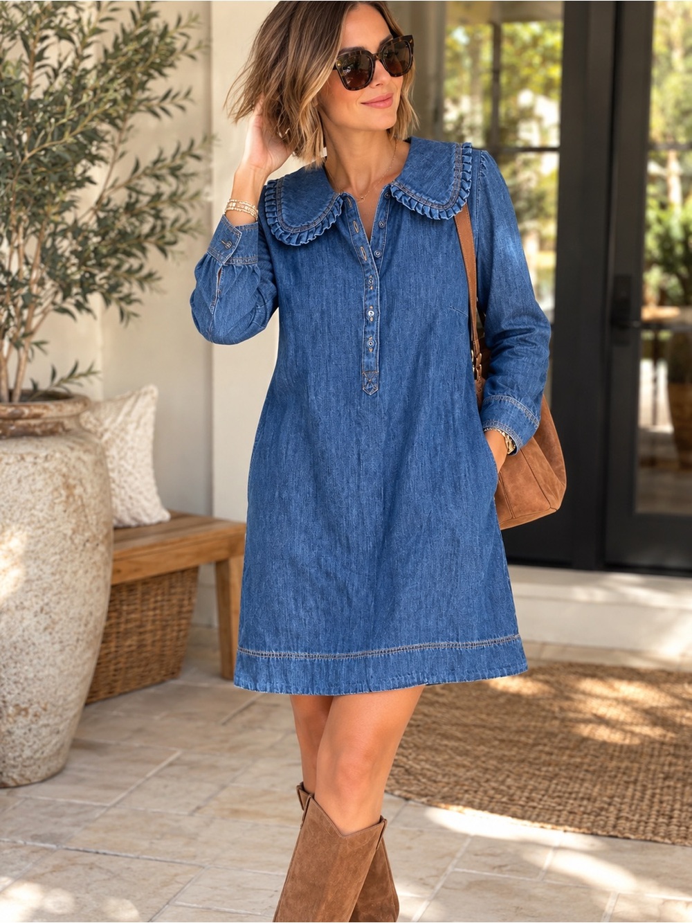 Boden Denim Ruffle Collar Chambray Shift Dress Blue Size US 10R #974